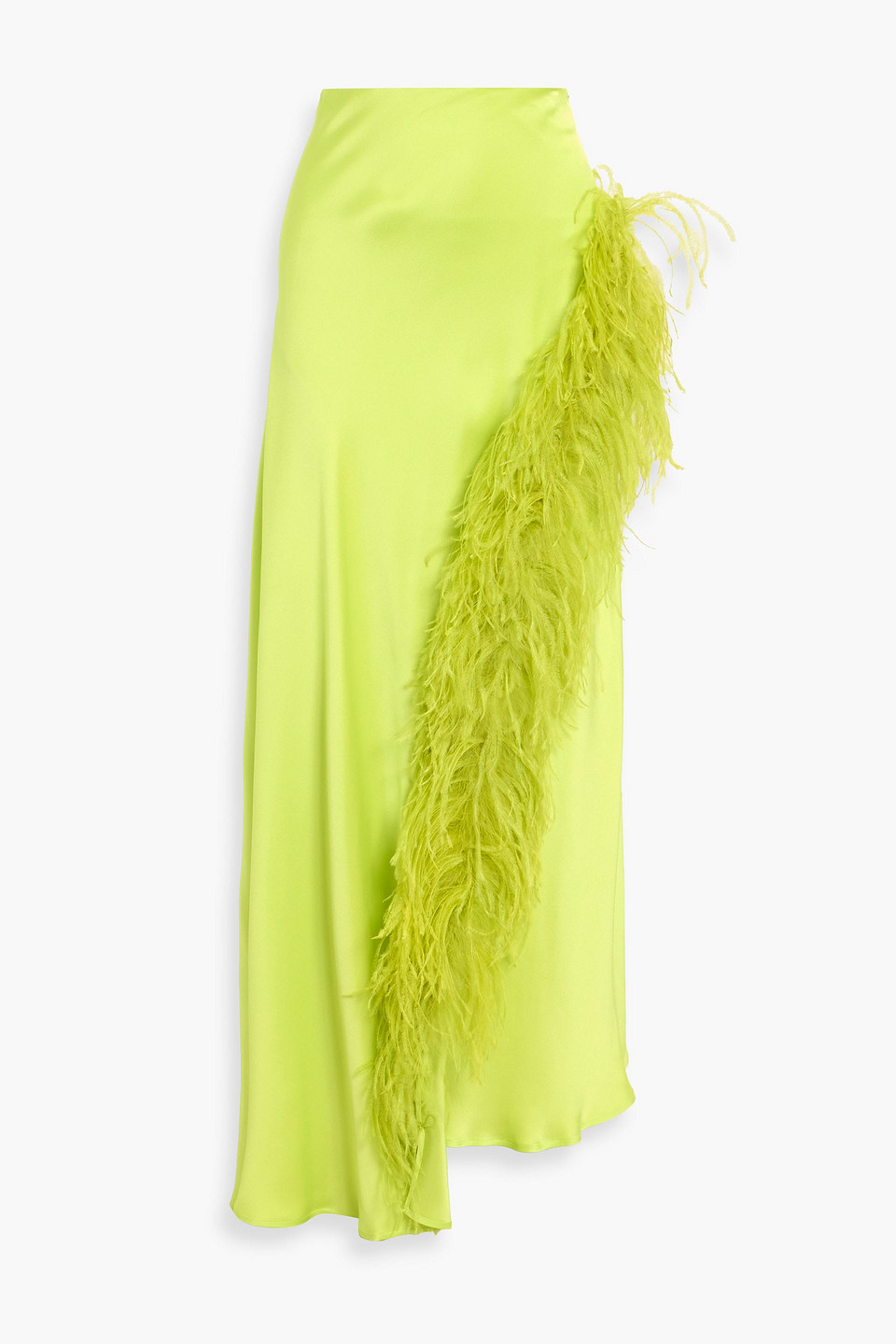 Lapointe Wrap-effect Feather-trimmed Satin-crepe Maxi Skirt In Green