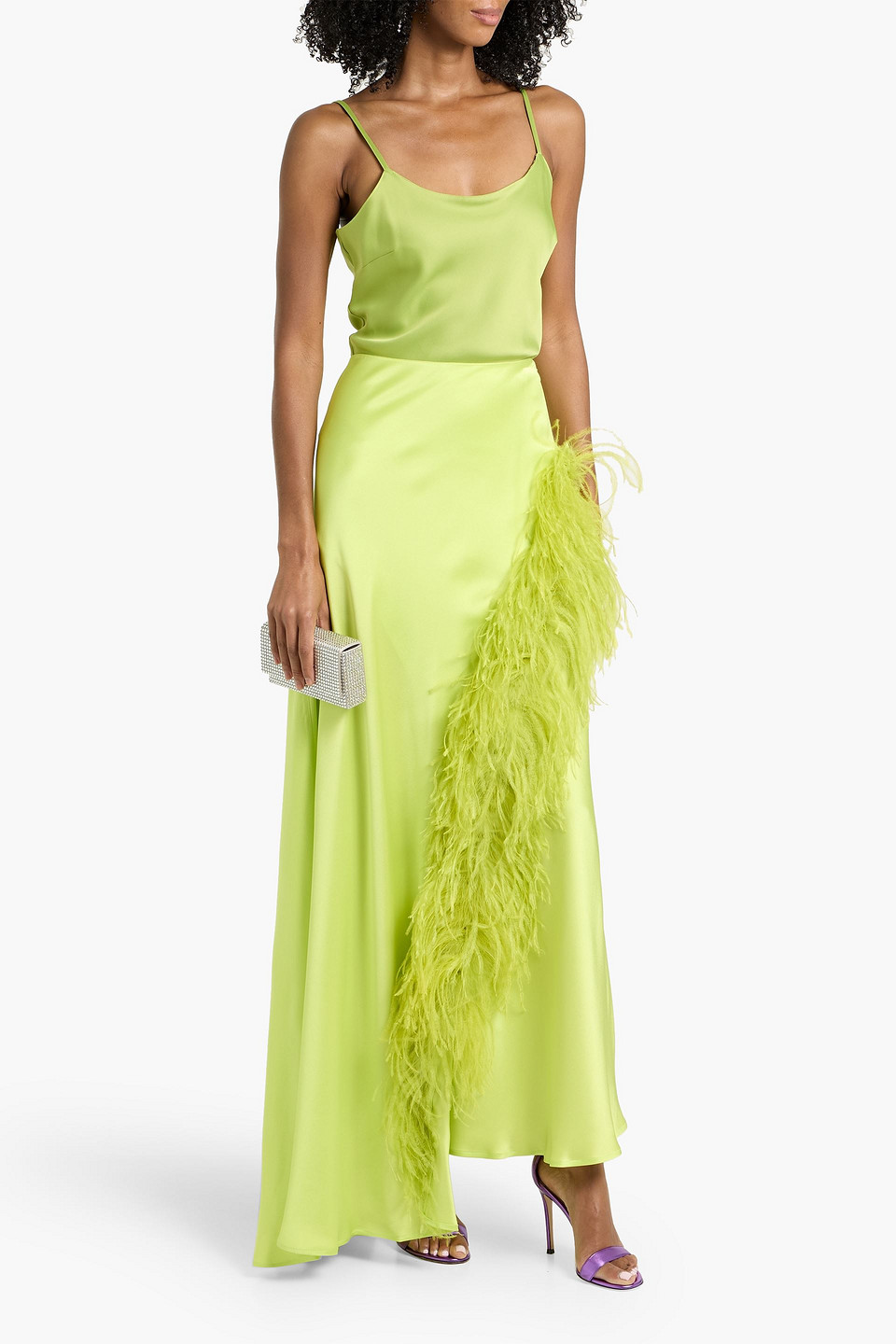 Lapointe Wrap-effect Feather-trimmed Satin-crepe Maxi Skirt In Green