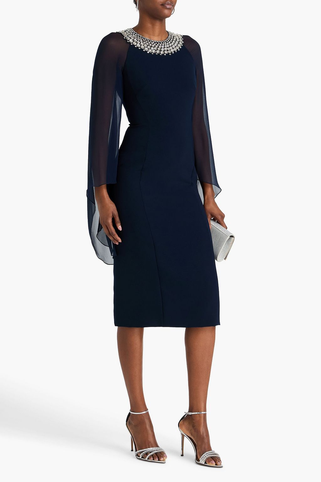 JENNY PACKHAM فستان متوسط الطول من قماش كريب وجورجيت مزيّن بالكريستال