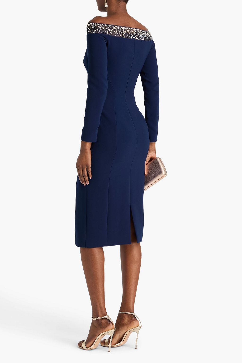 JENNY PACKHAM Off-the-shoulder crystal-embellished crepe midi dress