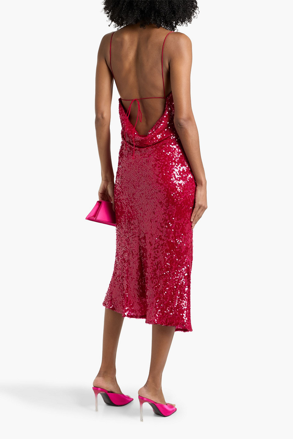 Lapointe Draped Sequined Chiffon Midi Dress In Red