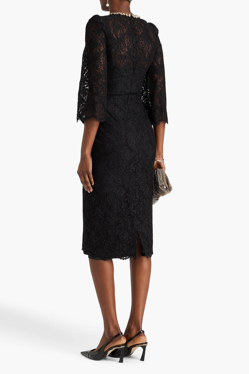  Jenny Packham - Midikleid Aus Schnurgebundener Spitze Aus Einer Baumwollmischung Mit Kristallverzierung - Schwarz - Uk 8 