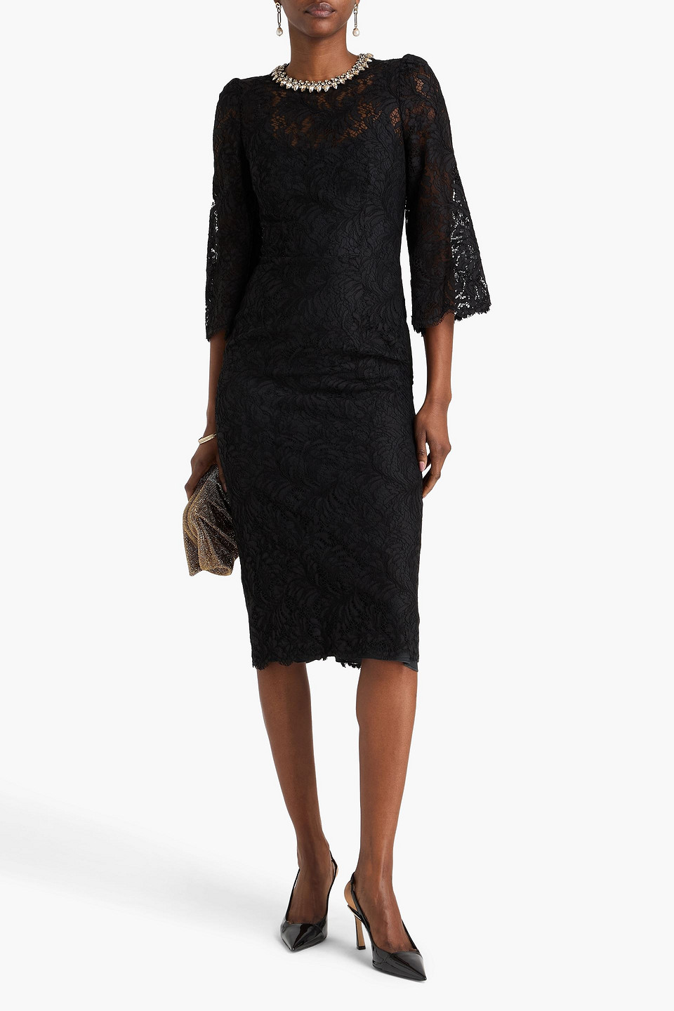  Jenny Packham - Midikleid Aus Schnurgebundener Spitze Aus Einer Baumwollmischung Mit Kristallverzierung - Schwarz - Uk 8 
