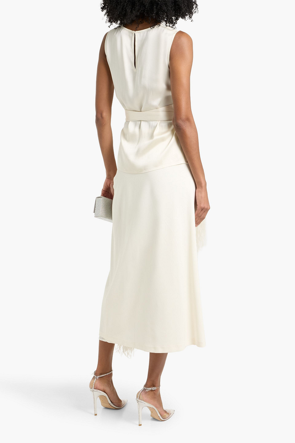 Lapointe Feather-trimmed Crepe Midi Skirt In White