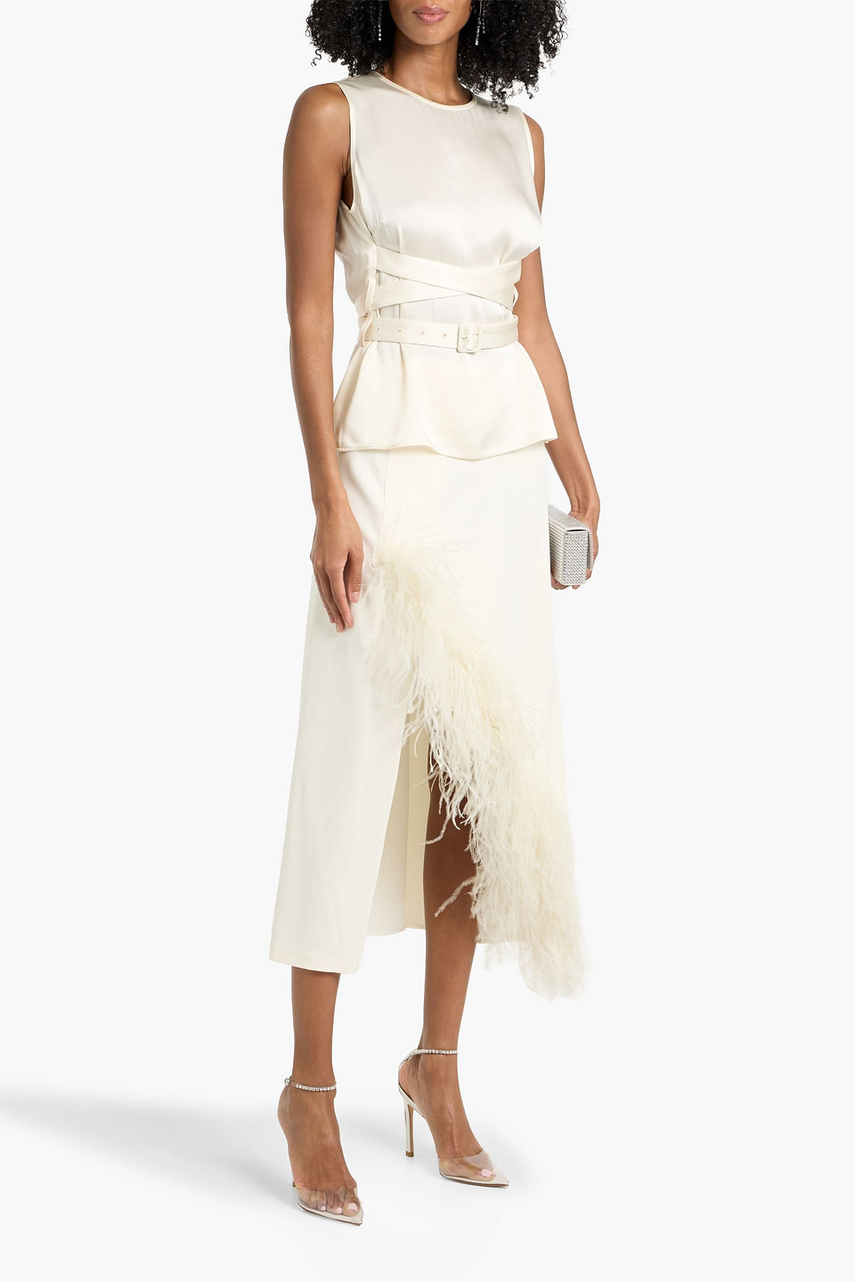 Lapointe Feather-trimmed Crepe Midi Skirt In White