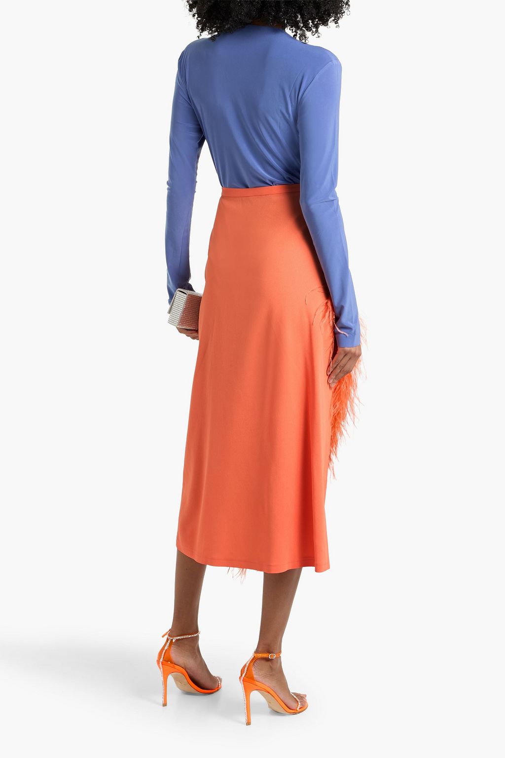 LAPOINTE Feather-trimmed crepe midi skirt
