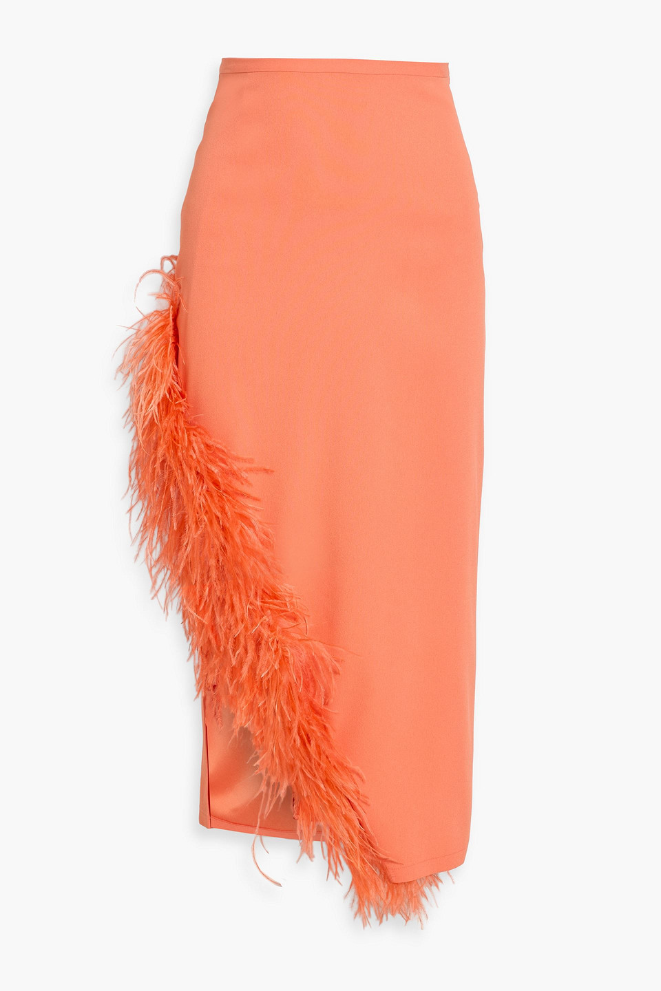 Lapointe Feather-trimmed Crepe Midi Skirt In Orange