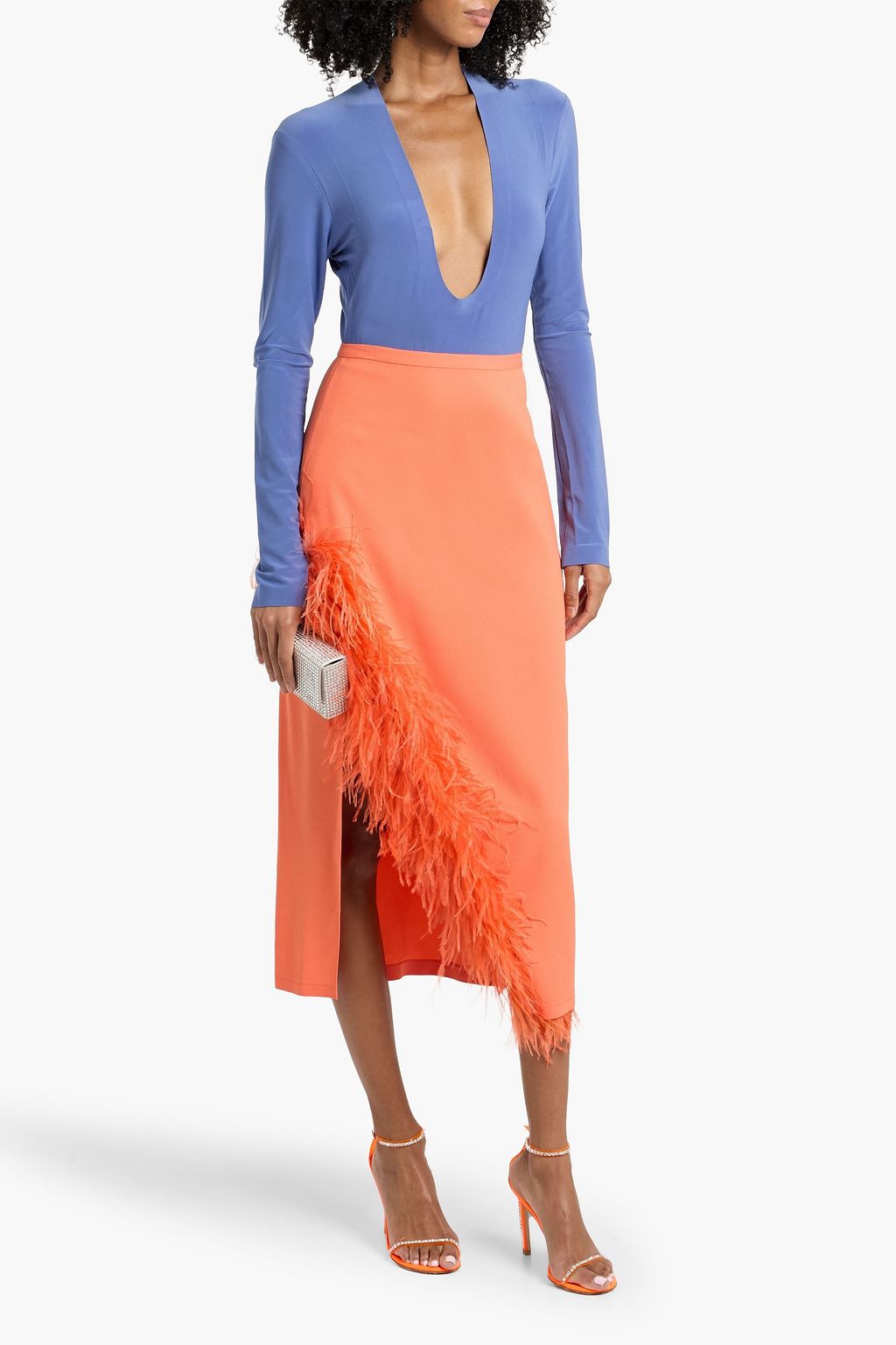 LAPOINTE Feather-trimmed crepe midi skirt