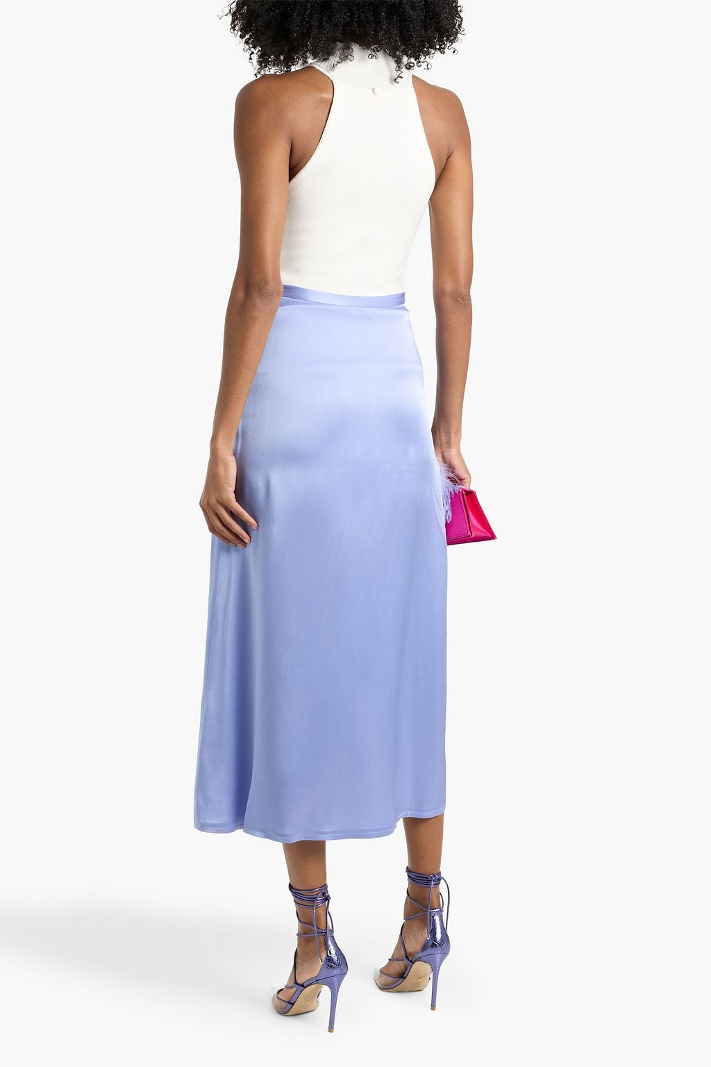 LAPOINTE Feather-trimmed satin-crepe midi skirt