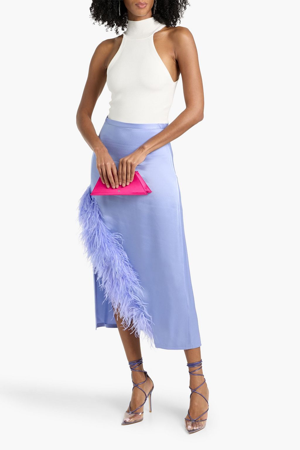LAPOINTE Feather-trimmed satin-crepe midi skirt