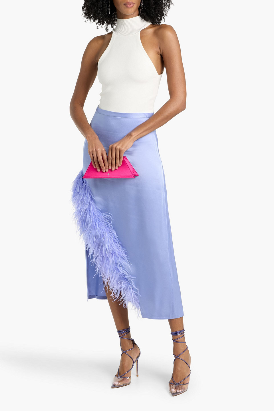 Lapointe Feather-trimmed Satin-crepe Midi Skirt In Purple