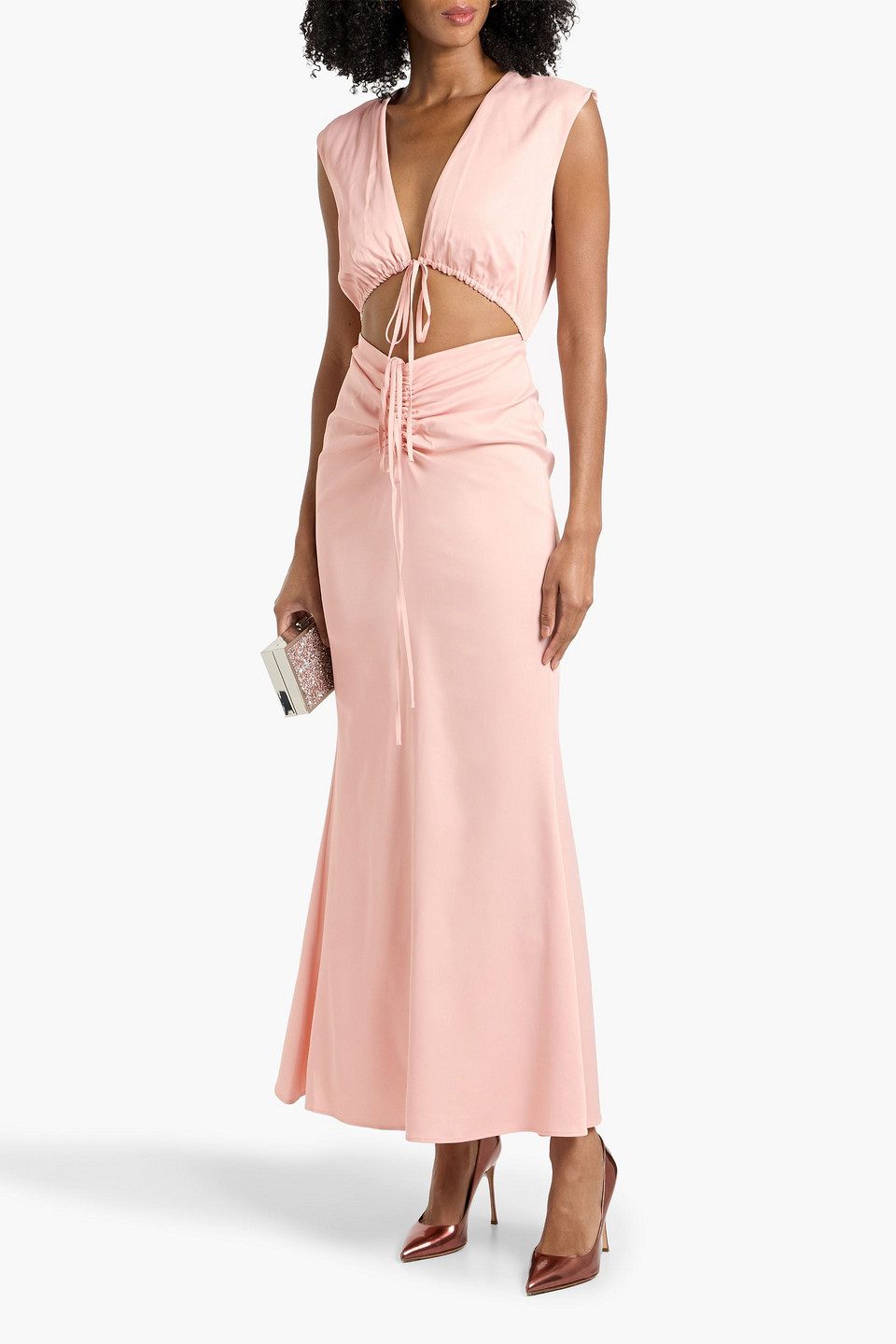 Lapointe Plunging Shirred Cutout Sleeveless Stretch Satin Maxi Dress In 10