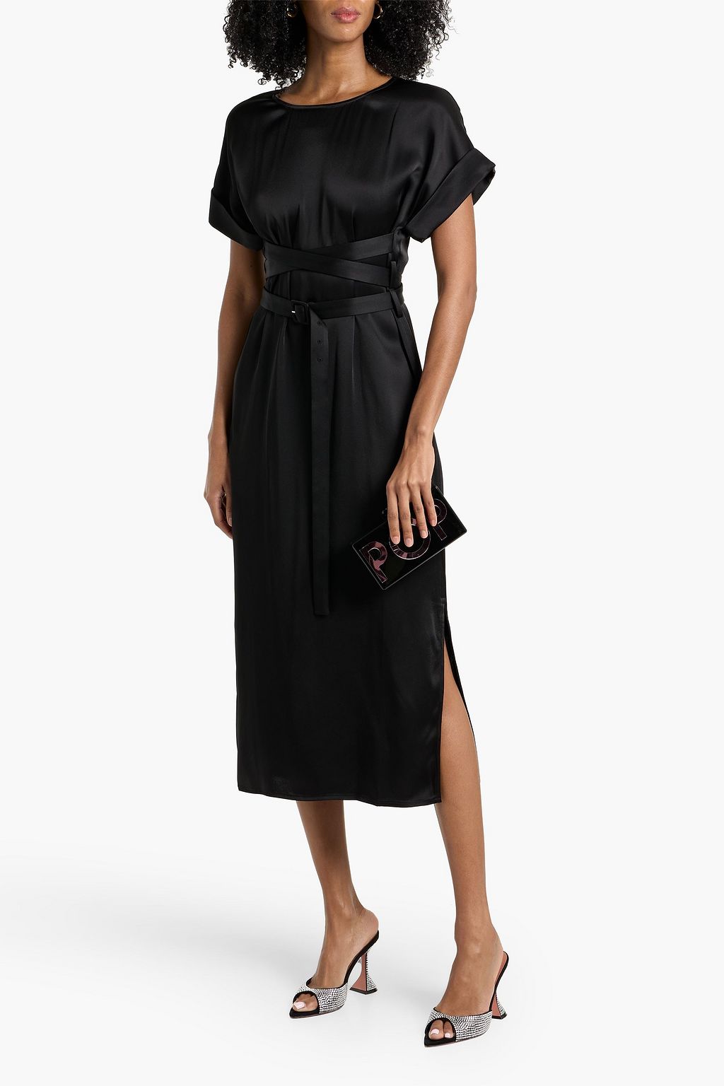 LAPOINTE Belted satin-crepe midi dress