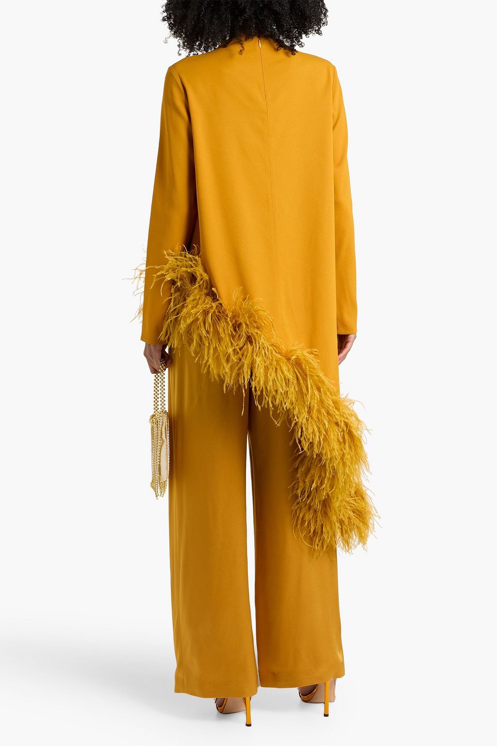 LAPOINTE Asymmetric feather-trimmed crepe tunic