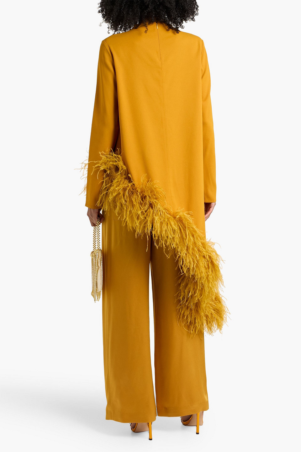 Lapointe Asymmetric Feather-trimmed Crepe Tunic In Yellow