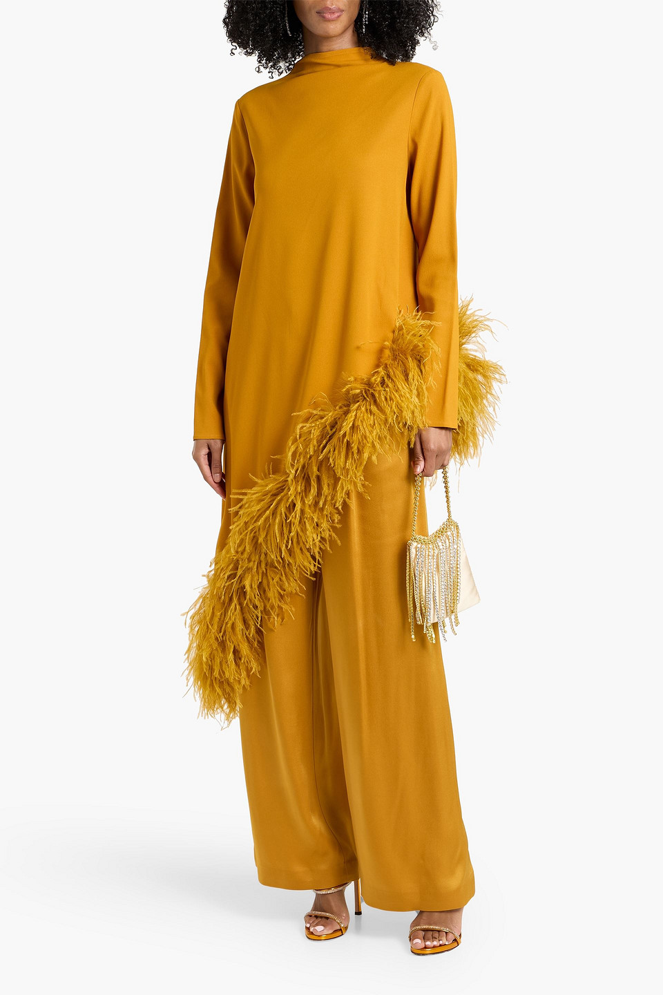 Lapointe Asymmetric Feather-trimmed Crepe Tunic In Yellow