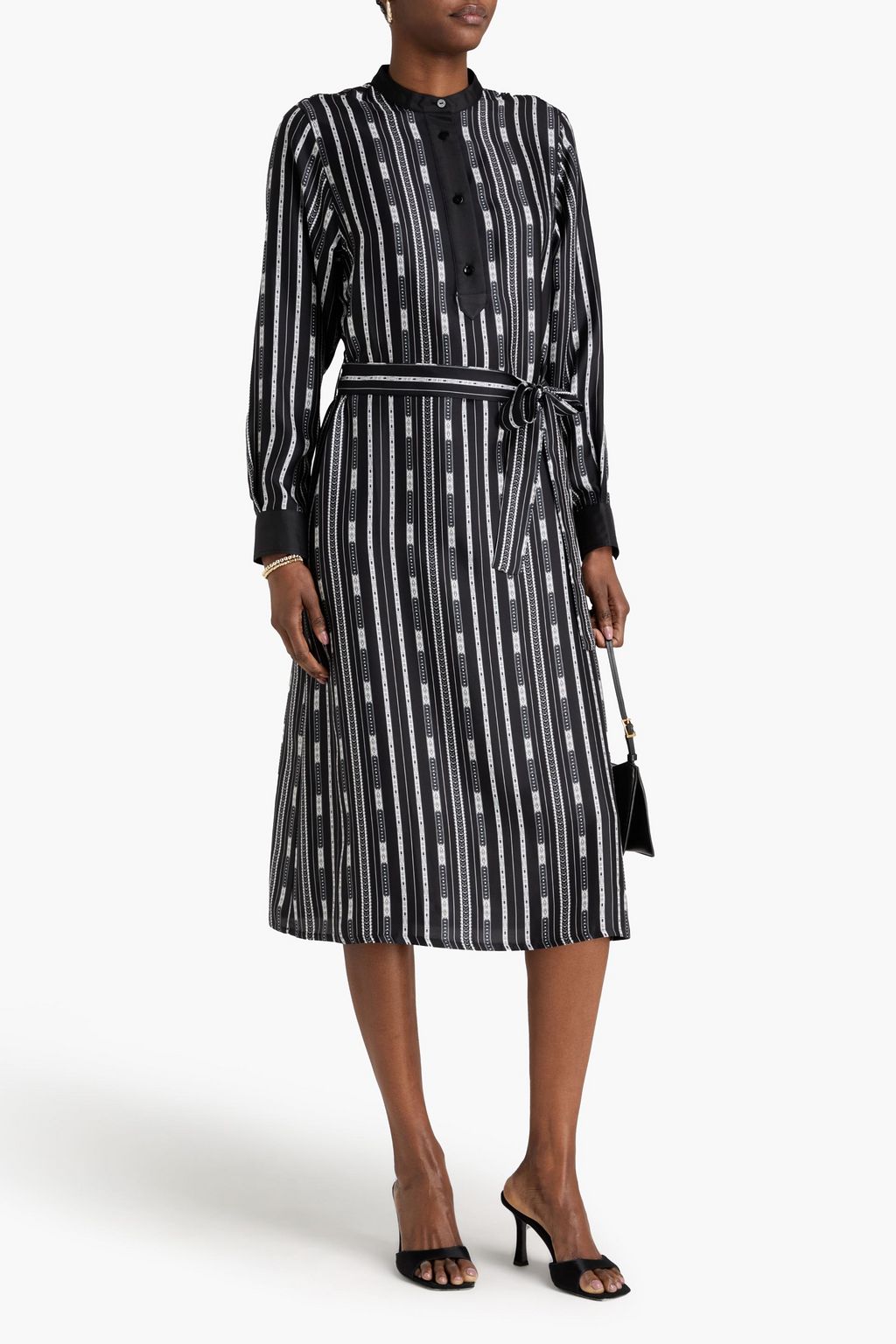 OFFICINE GÉNÉRALE فستان متوسط الطول "إيفي" من التويل الحريري المطبّع برسومات مزوّد بحزام