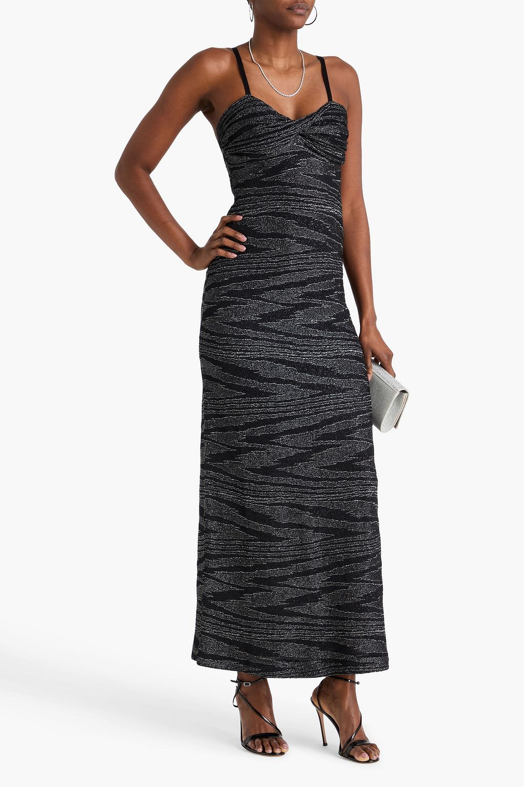 MISSONI فستان طويل من نسيج بحبكة كروشيه بلون معدني