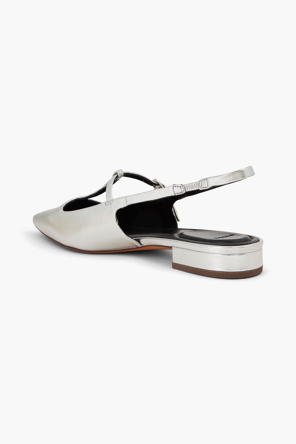 VINCE. حذاء مسطّح بمقدّمة مدبّبة "ليليانا" بحزام كاحل من الجلد بلون ميتاليك