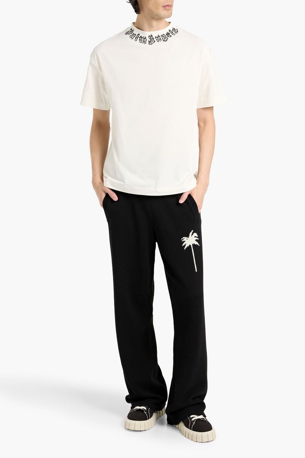 PALM ANGELS Intarsia cotton and merino wool-blend sweatpants | THE