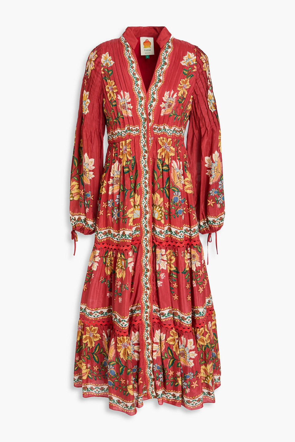 farm rio - pintucked floral-print cotton-blend midi dress - red - xxs