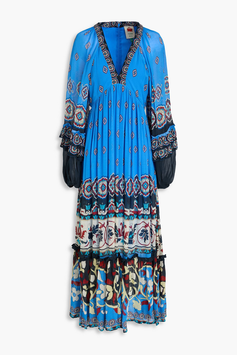 farm rio - gathered printed georgette maxi dress - blue - xxs