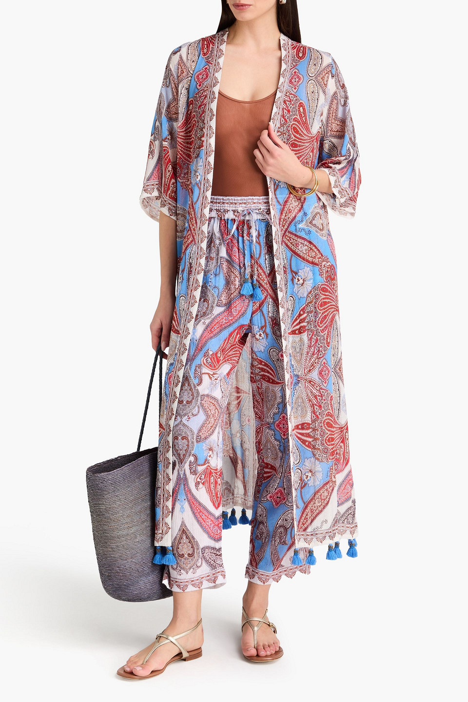  Farm Rio - Strandkleid Aus Gaze Aus Einer Baumwollmischung Mit Paisley-print Und Troddeln - Blau - S 