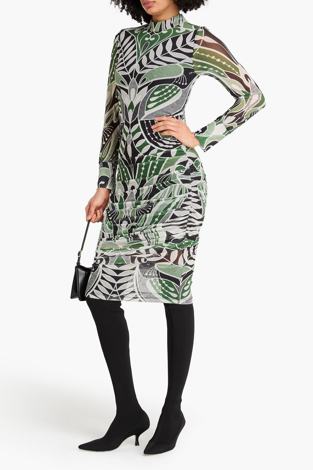FARM RIO Ruched printed stretch-mesh dress