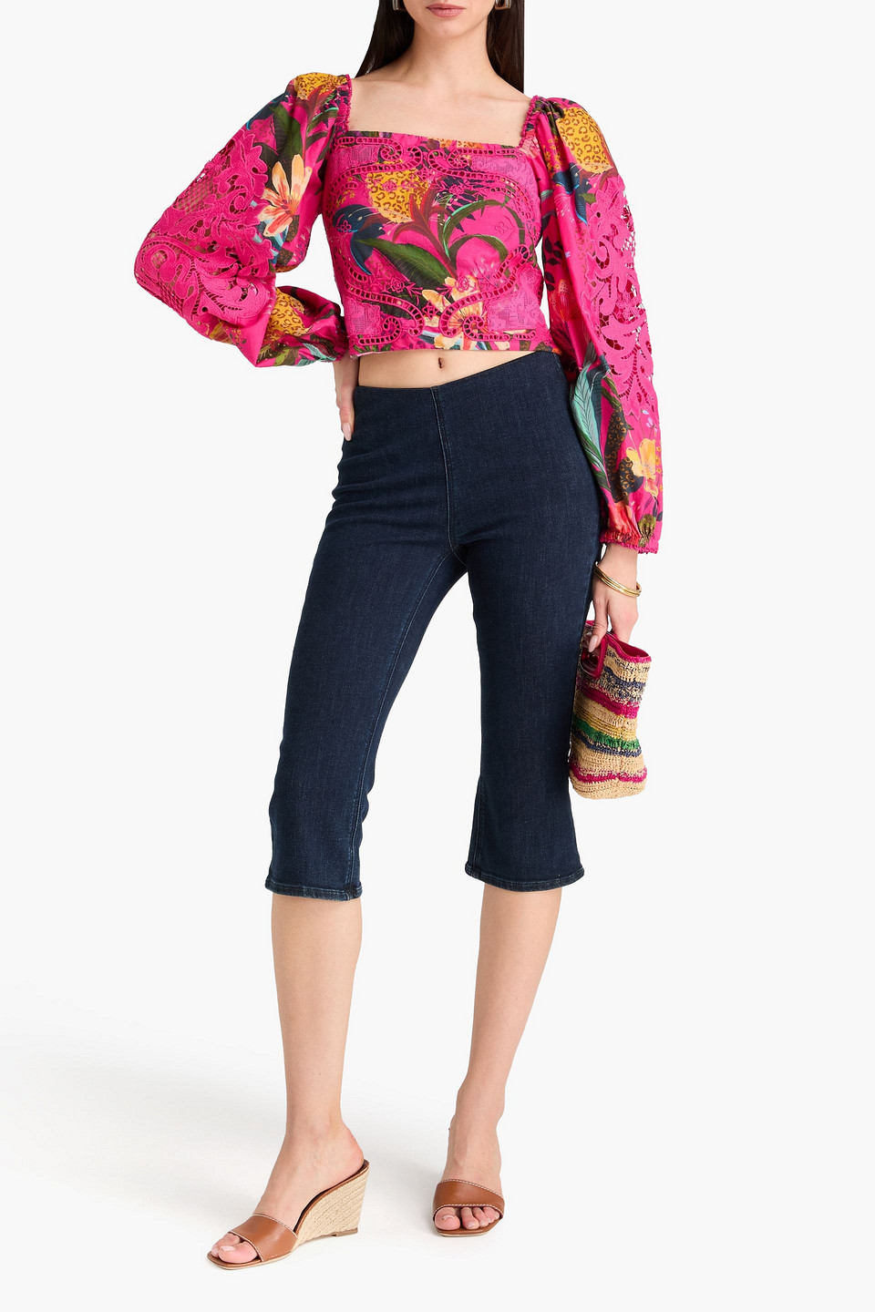  Farm Rio - Cropped Oberteil Aus Baumwollmusselin Mit Floralem Print Und Spitzeneinsätzen - Pink - Xxs 