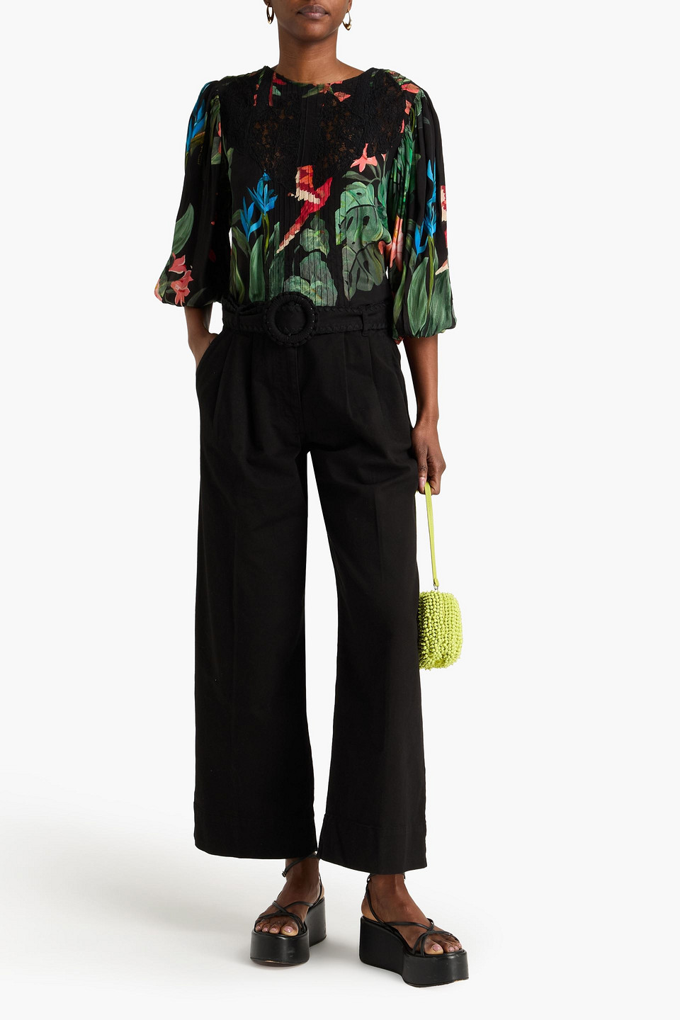 Farm Rio - Bedruckte Bluse Aus Crêpe De Chine Mit Einsätzen Aus Schnurgebundener Spitze - Schwarz - Xs 