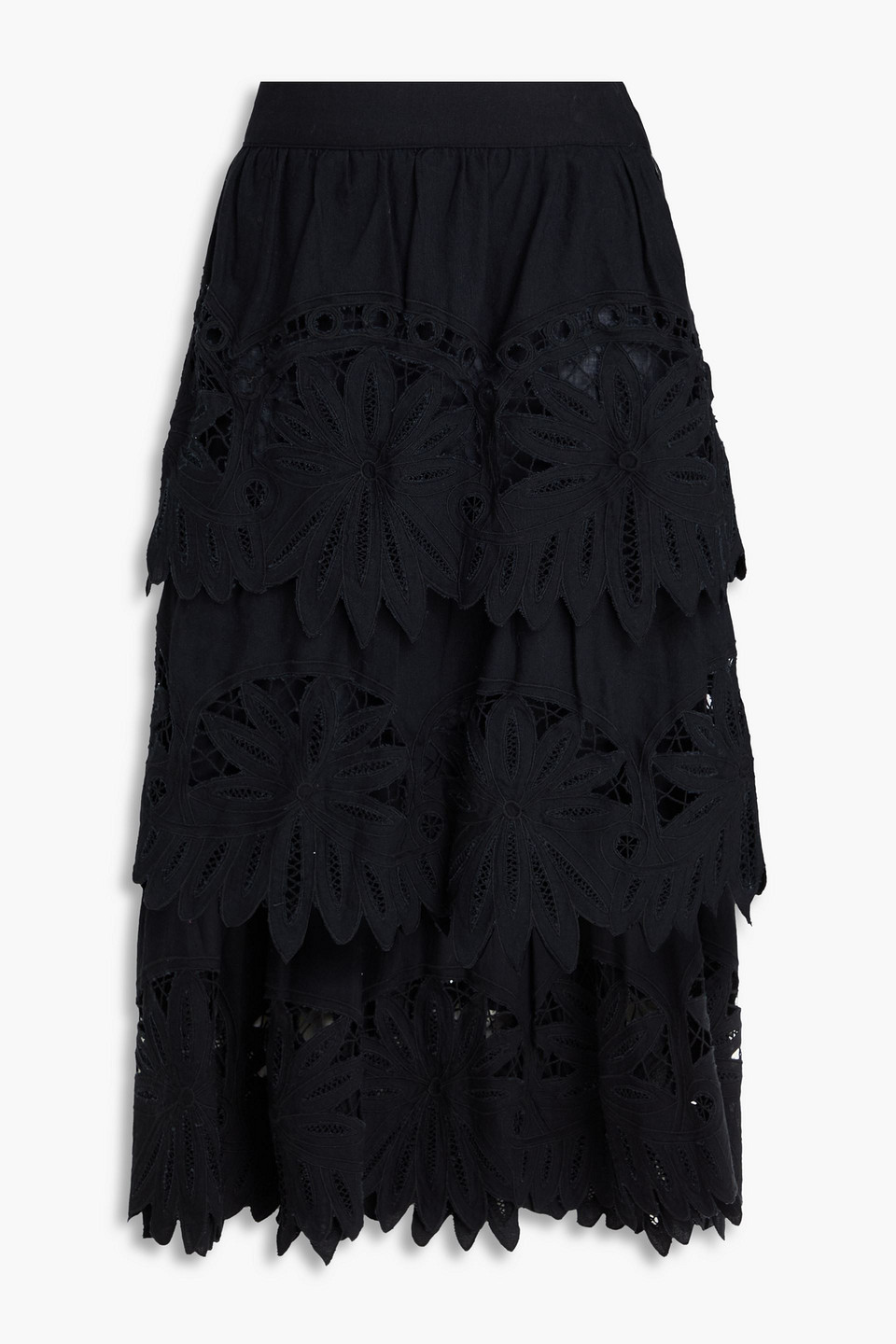 Farm Rio Tiered Cotton And Linen-blend Guipure Lace Midi Skirt In Multi