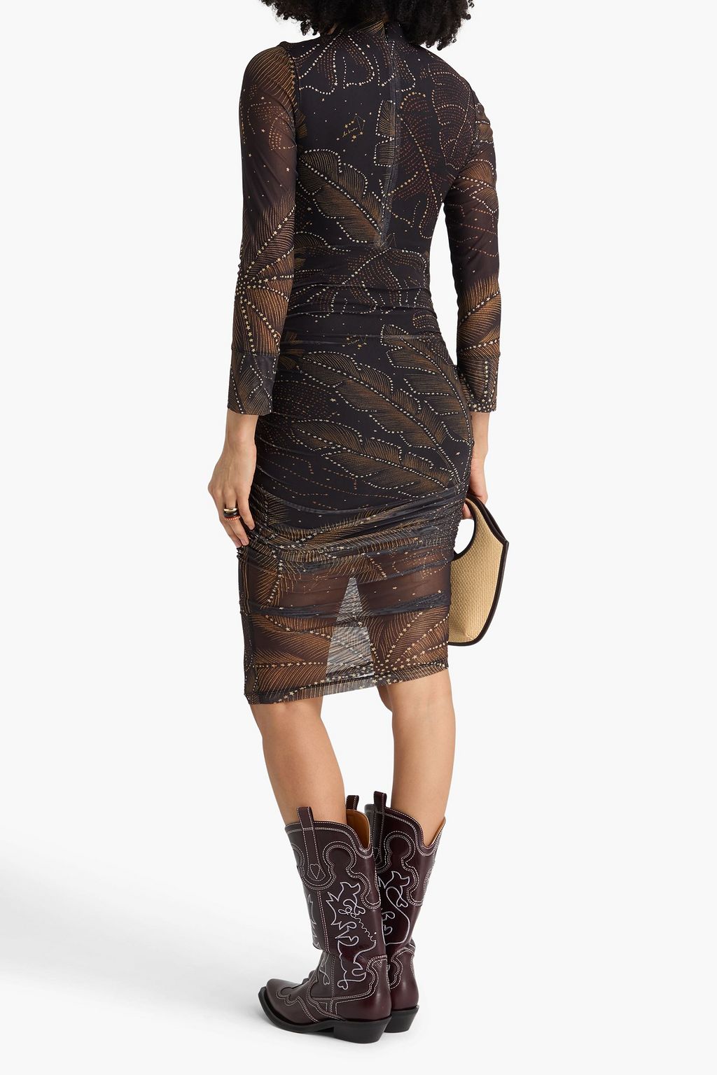 FARM RIO Ruched printed stretch-mesh dress