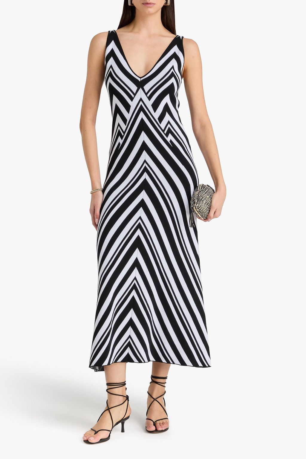 FARM RIO فستان متوسط الطول من مزيج المودال والقطن المخطط بأجزاء مقصوصة