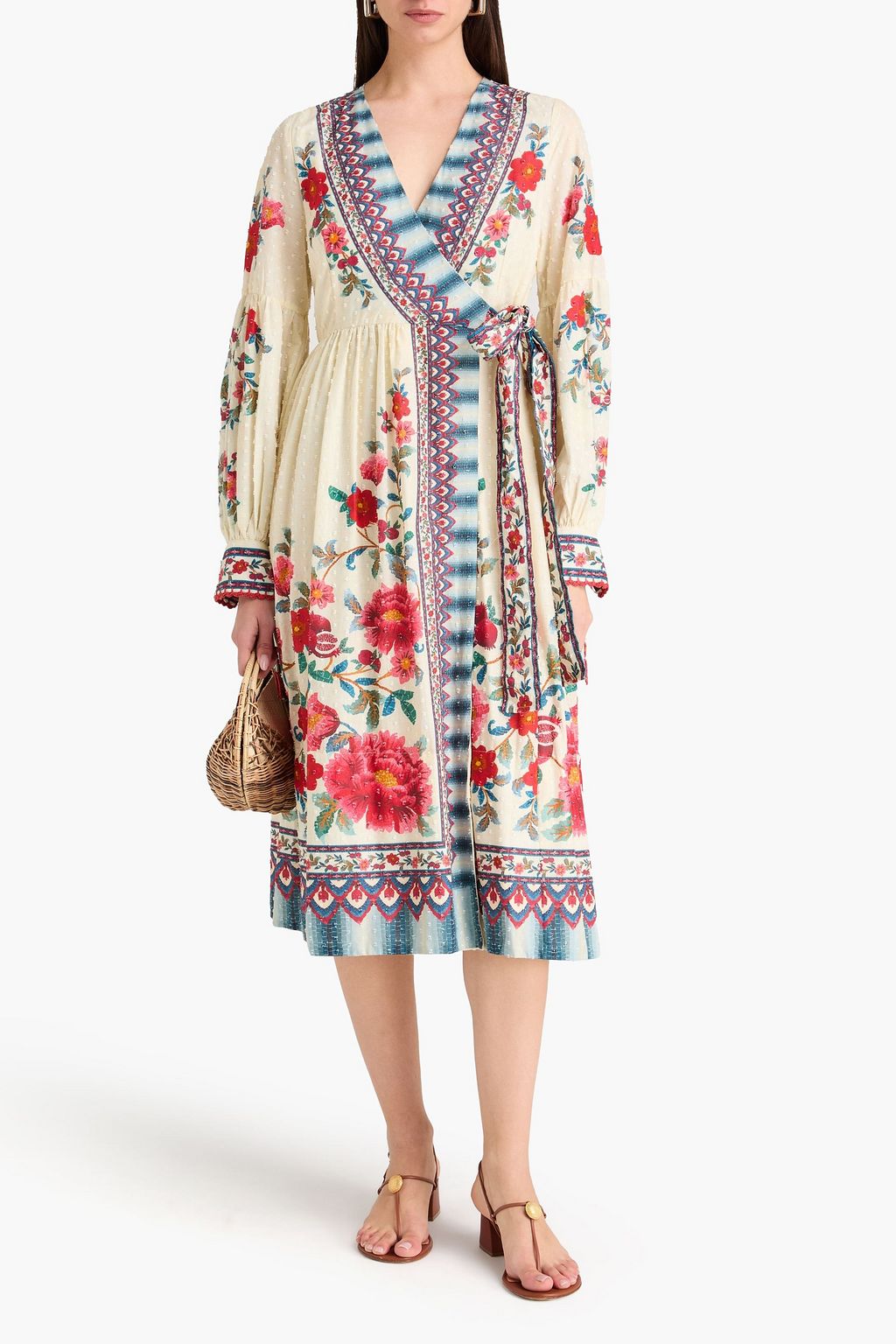 Crochet-trimmed floral-print cotton midi wrap dress - cream - XXS