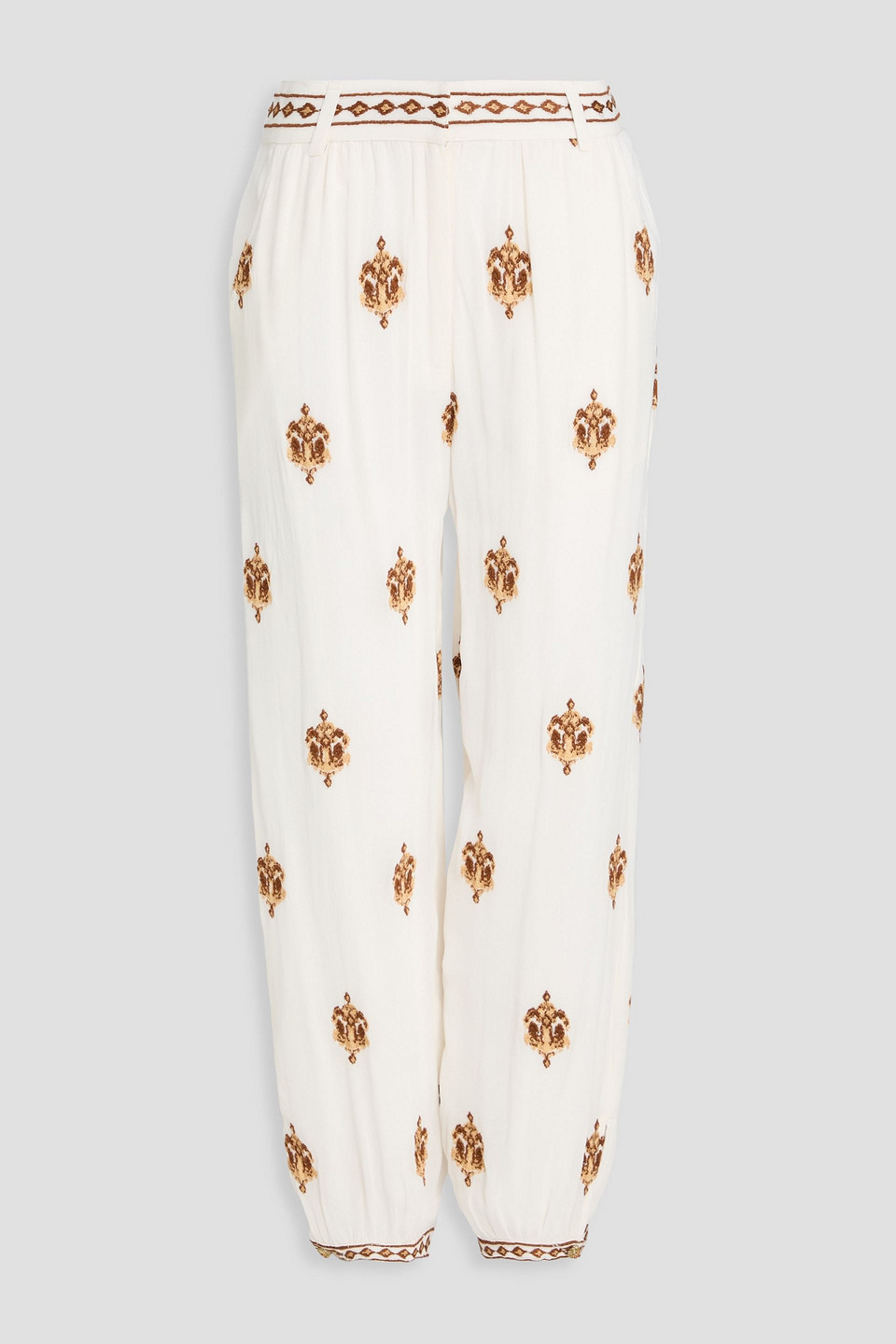 farm rio - cropped embroidered georgette tapered pants - white - xs