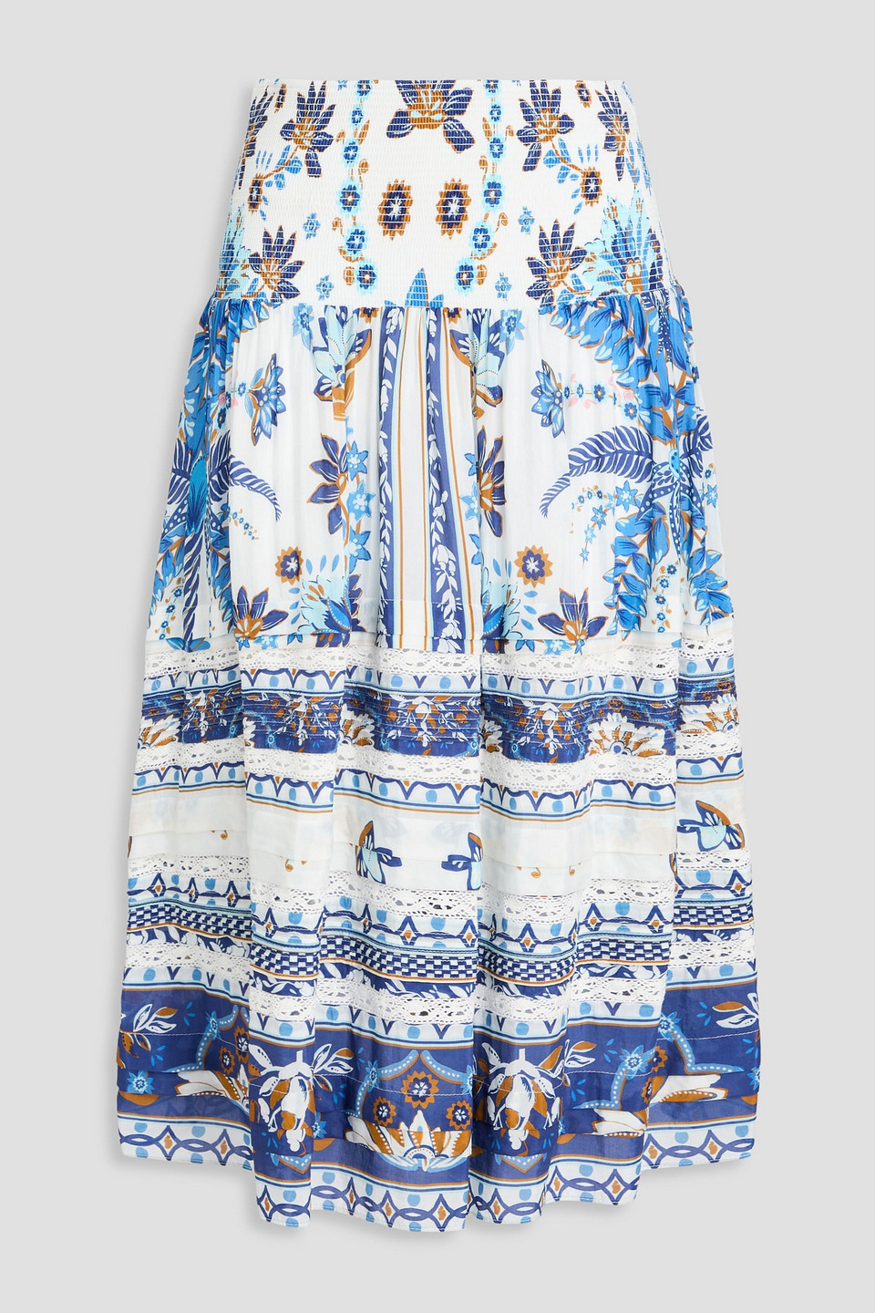 Farm Rio Crochet-trimmed Floral-print Cotton-blend Midi Skirt In Multi