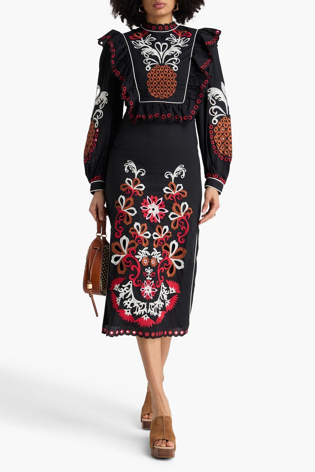 FARM RIO Richilieu embroidered cotton midi dress