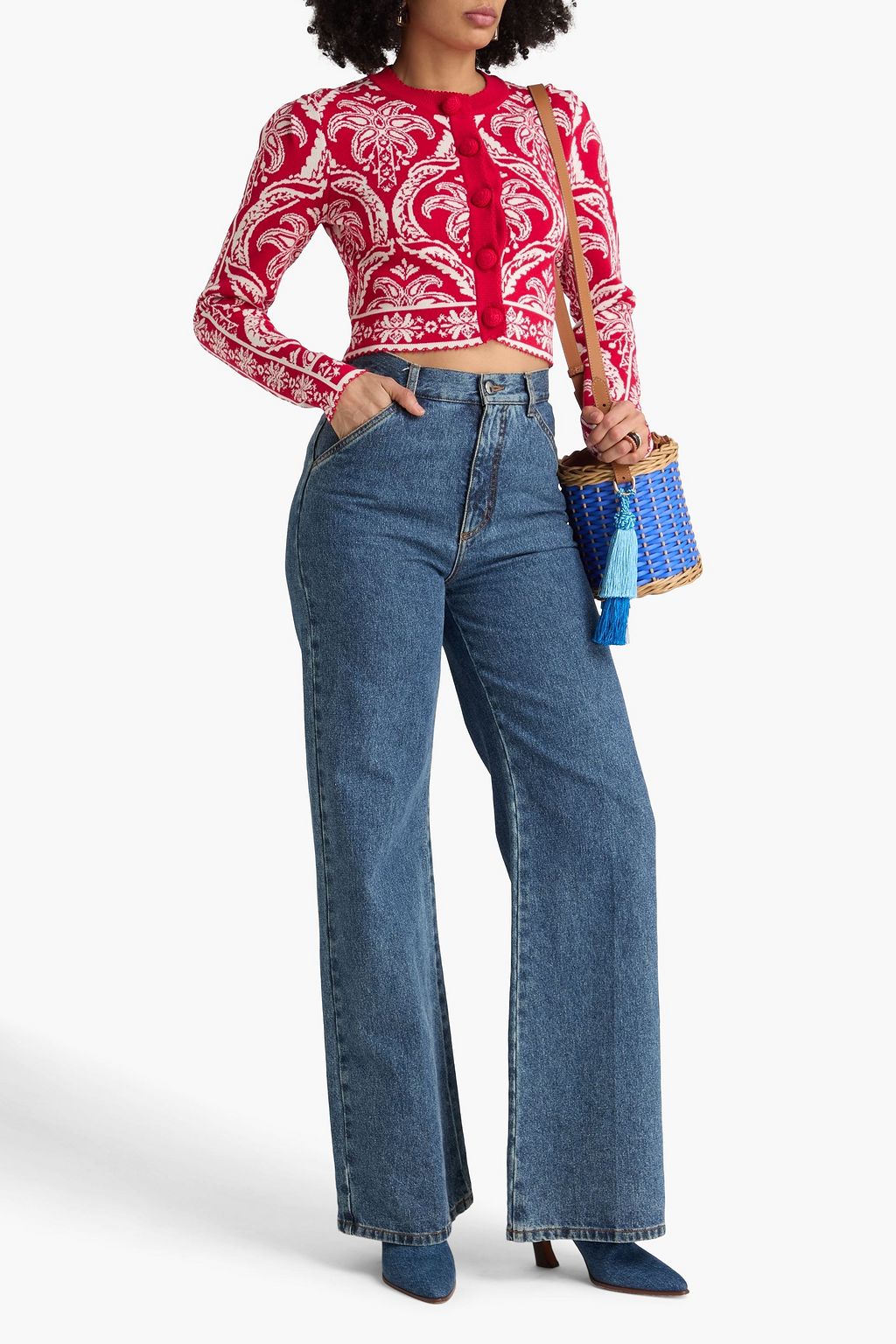 FARM RIO Cropped jacquard-knit cardigan