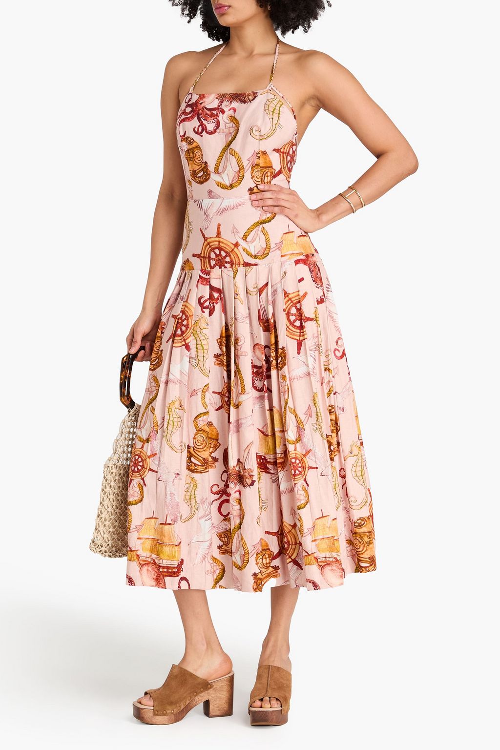 farm rio knotted cut-out linen-blend midi-dress Farm Rio Cutout Floral-print Linen-blend Midi Dress
