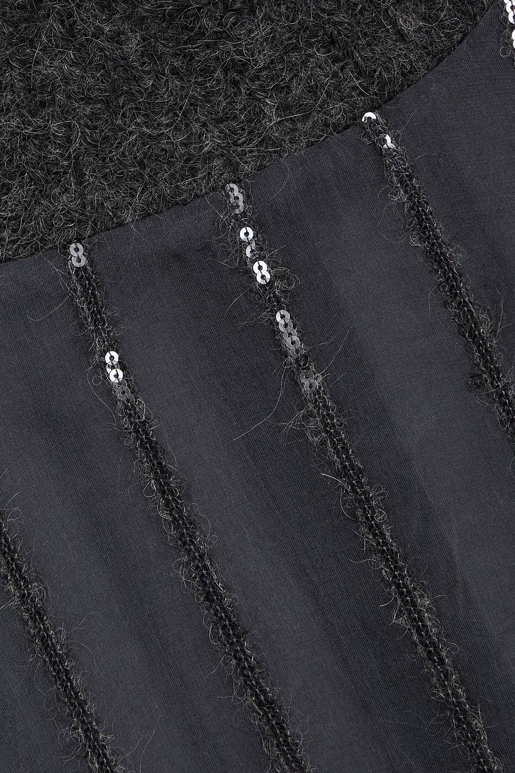 BRUNELLO CUCINELLI Sequin-embellished felt-paneled silk-crepon turtleneck top