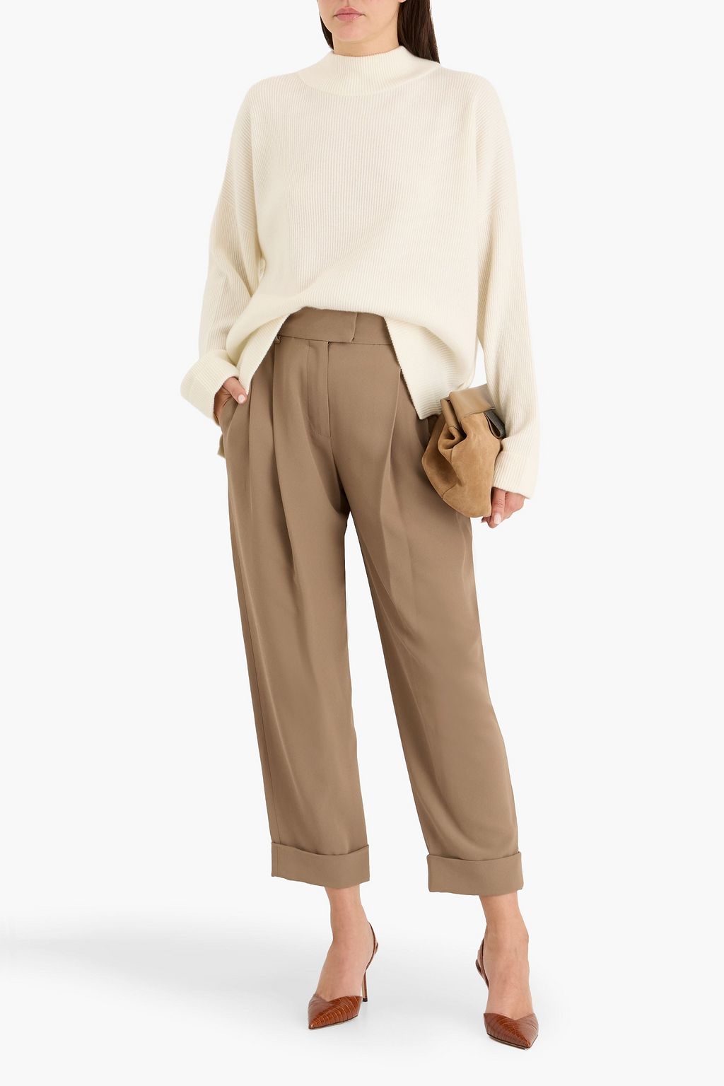 BRUNELLO CUCINELLI Bead-embellished ribbed cashmere mock-neck sweater