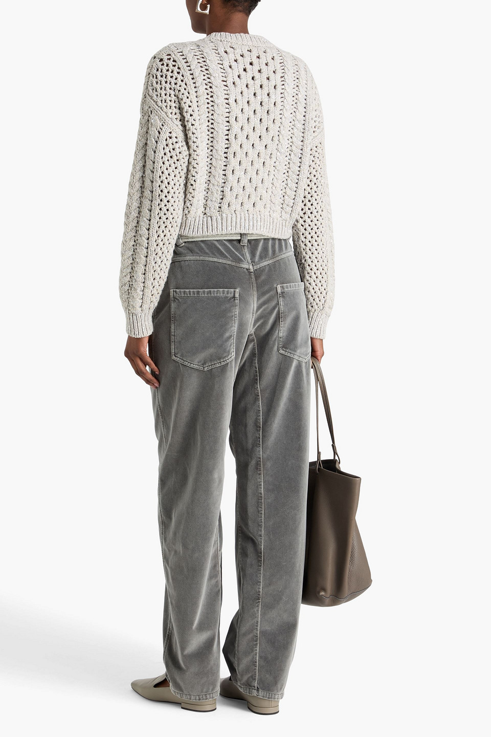  Brunello Cucinelli - Cropped Kaschmirpullover Aus Lochstrick Mit Pailletten - Grau - M 