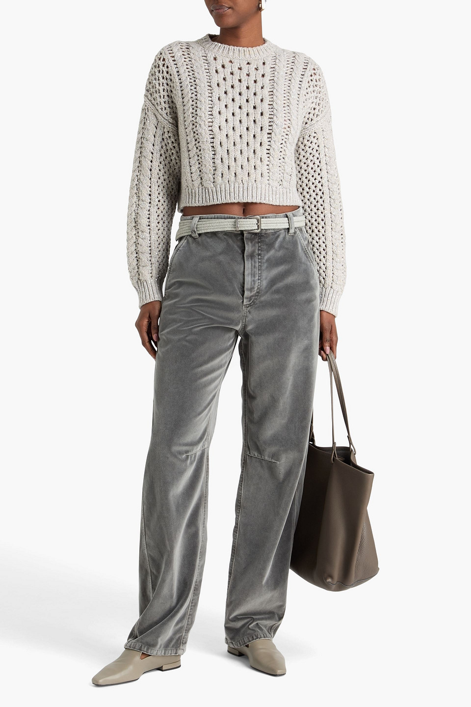  Brunello Cucinelli - Cropped Kaschmirpullover Aus Lochstrick Mit Pailletten - Grau - M 