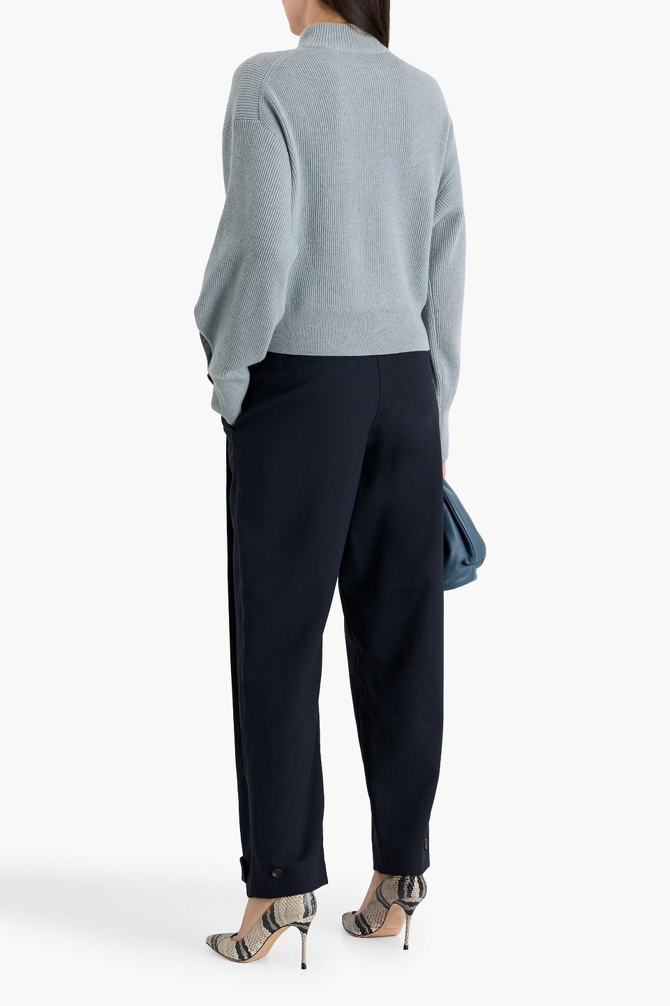 Brunello Cucinelli Bead-embellished Ribbed Cashmere Turtleneck Sweater In Blue
