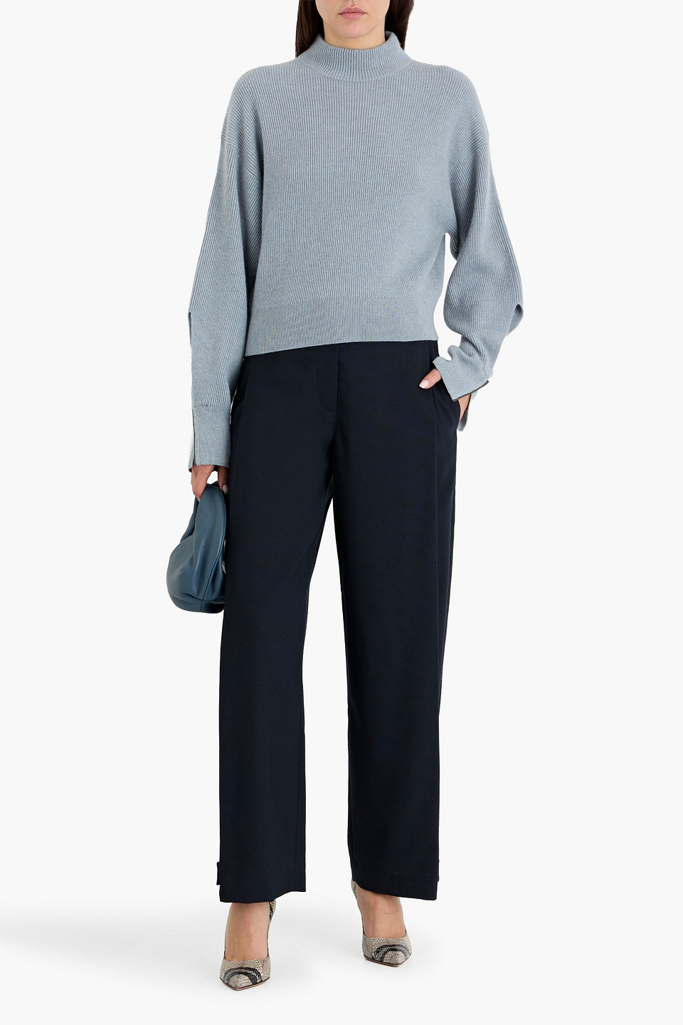 Brunello Cucinelli Bead-embellished Ribbed Cashmere Turtleneck Sweater In Blue
