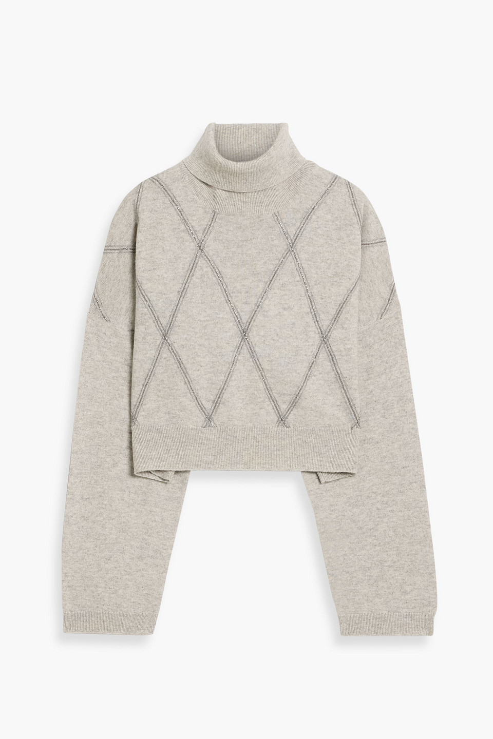 Brunello Cucinelli Cropped Embellished Wool, Cashmere And Silk-blend Turtleneck Sweater In Gray