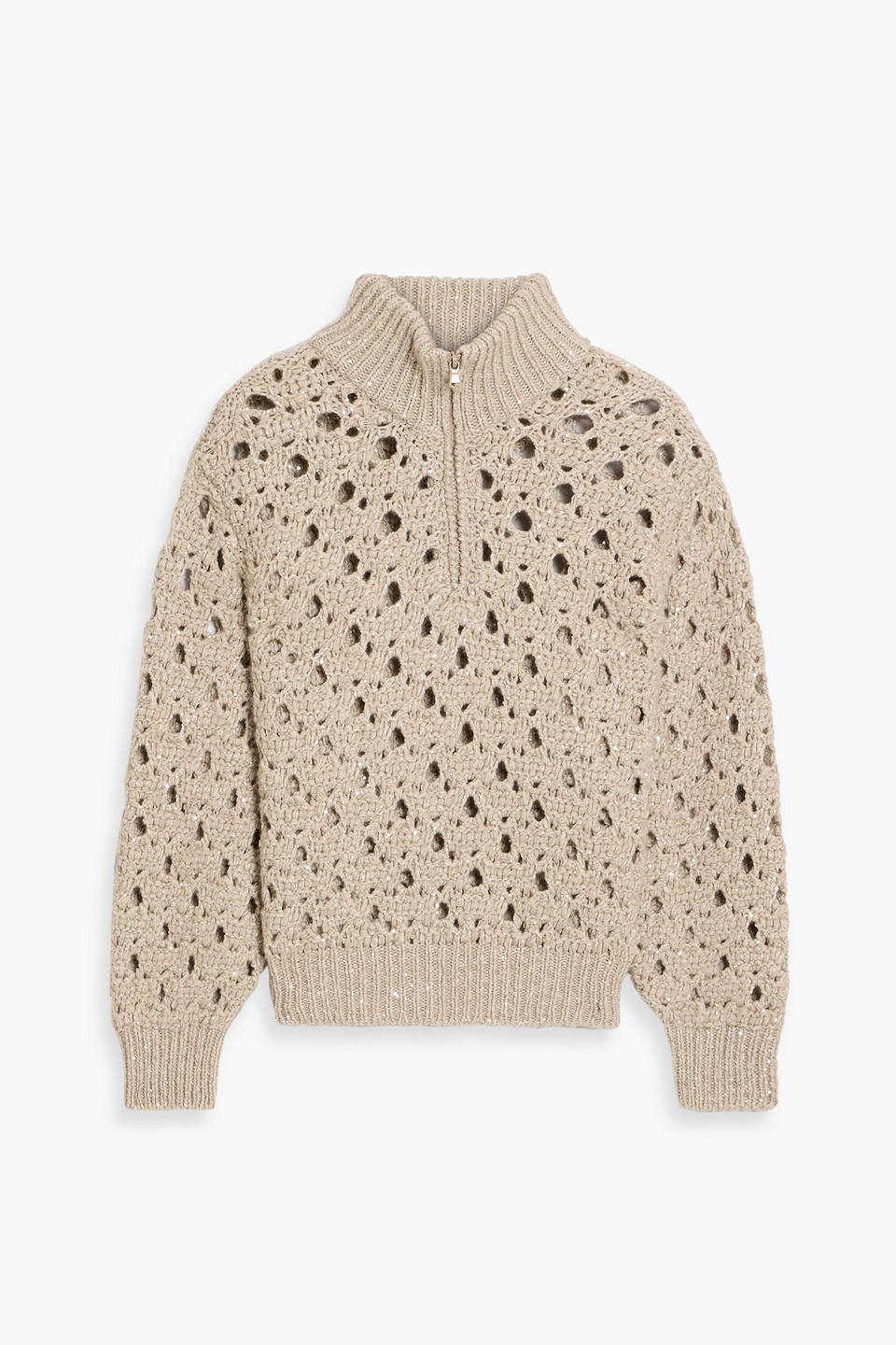 Brunello Cucinelli Sequin-embellished Open-knit Cashmere-blend Half-zip Sweater In Neutral