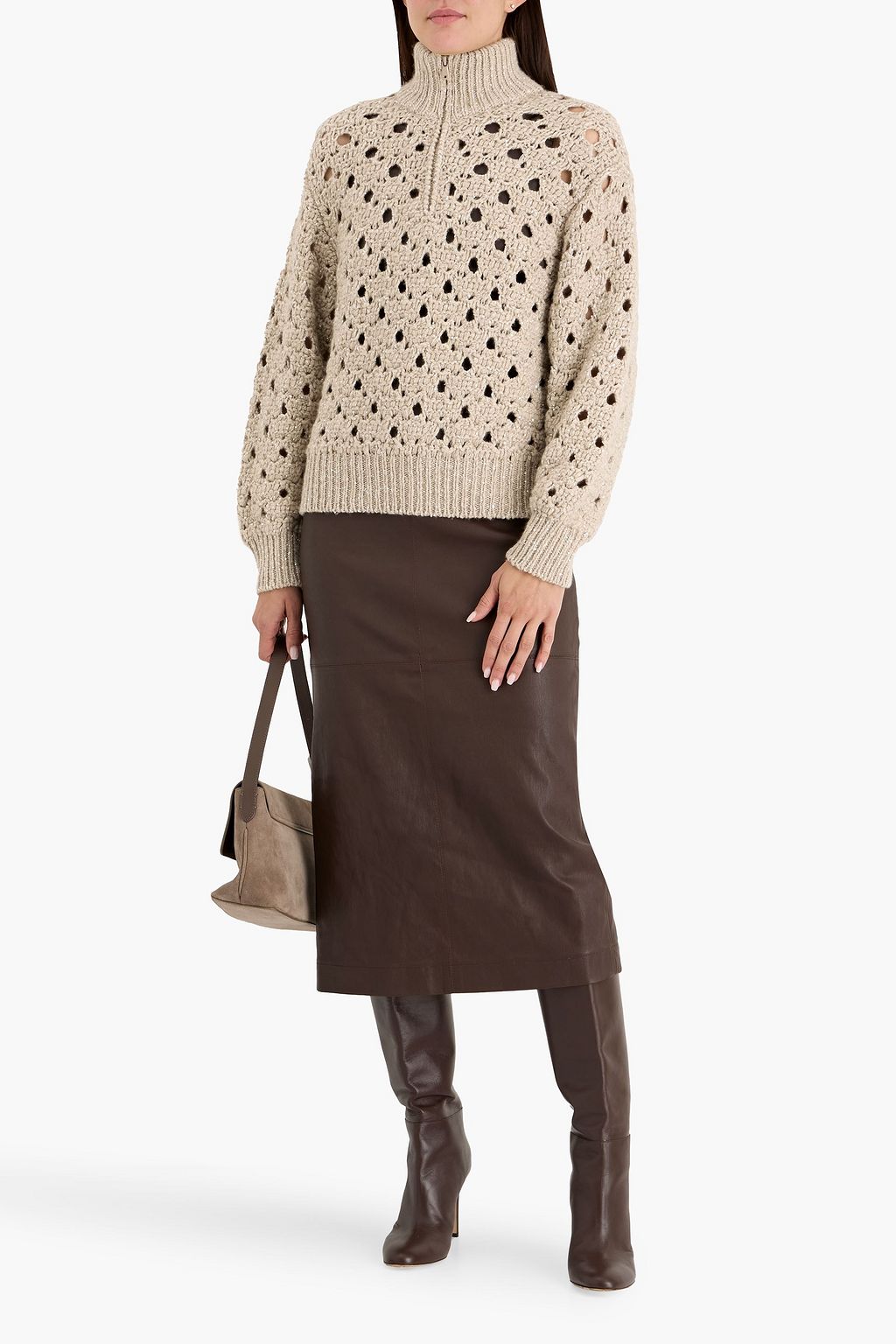 BRUNELLO CUCINELLI Sequin-embellished open-knit cashmere-blend half-zip sweater