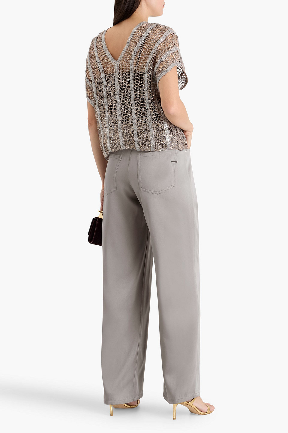 Brunello Cucinelli Bead-embellished Satin-crepe Wide-leg Pants In Gray