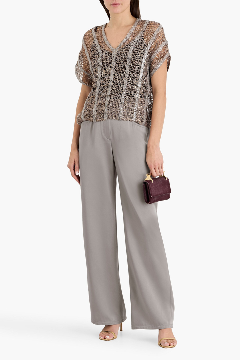 Brunello Cucinelli Bead-embellished Satin-crepe Wide-leg Pants In Gray